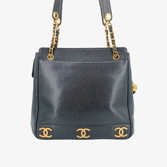 RA174 - CHANEL Vintage Black Caviar Leather Triple CC Tote Bag