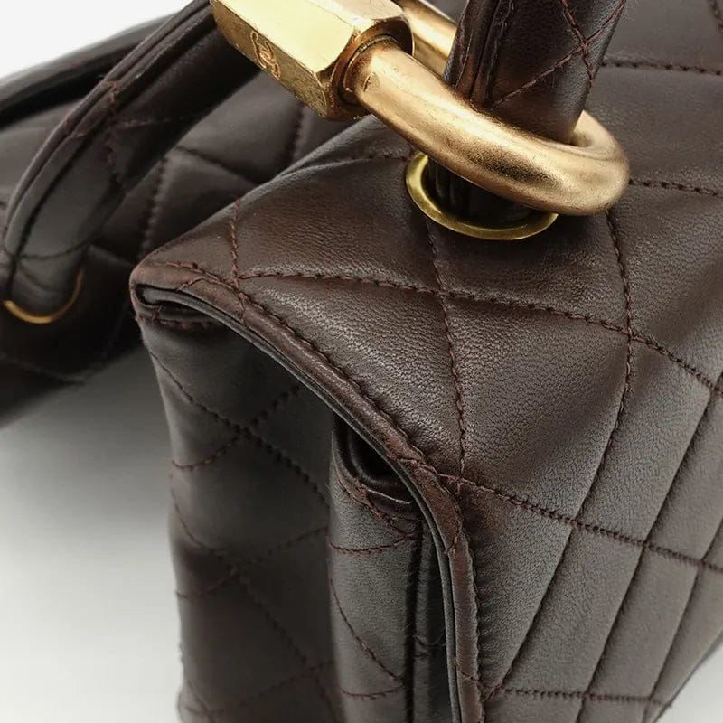 C142 - CHANEL Vintage Brown Lambskin Qulited Handle Bag Set