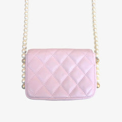 C586 - CHANEL Pink Calfskin Imitation Pearl Flap Card Holder With Chain