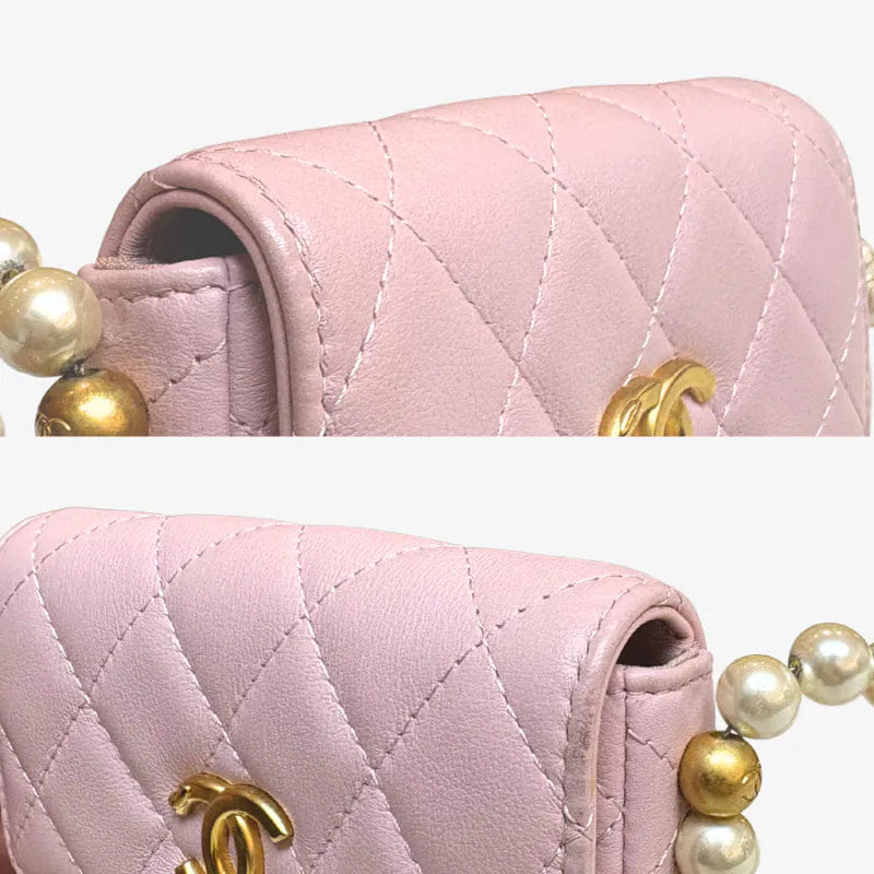 C586 - CHANEL Pink Calfskin Imitation Pearl Flap Card Holder With Chain