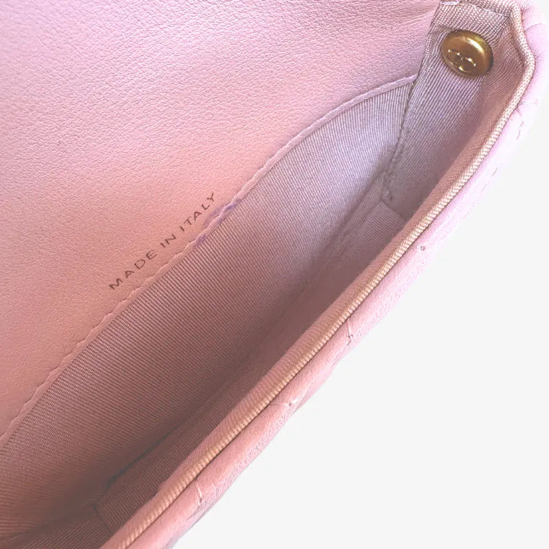 C586 - CHANEL Pink Calfskin Imitation Pearl Flap Card Holder With Chain