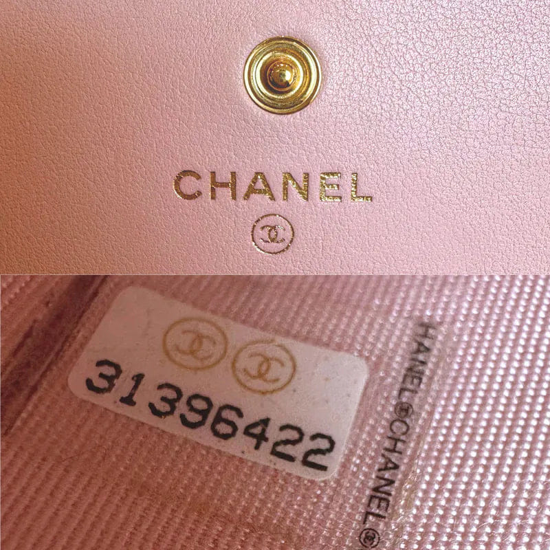 C586 - CHANEL Pink Calfskin Imitation Pearl Flap Card Holder With Chain