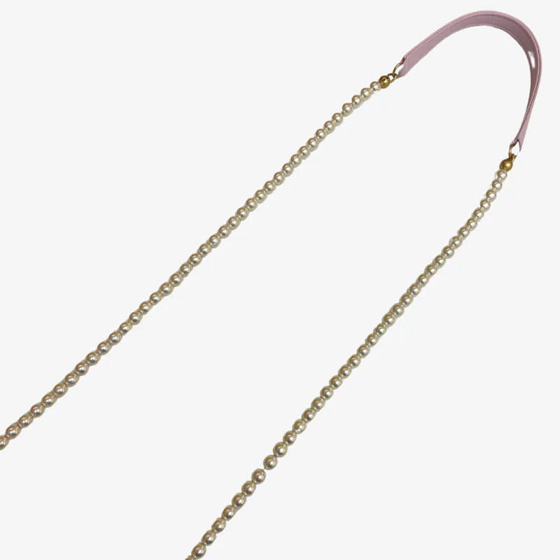 C586 - CHANEL Pink Calfskin Imitation Pearl Flap Card Holder With Chain