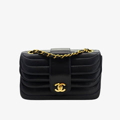 KA748 - CHANEL Vintage Navy Lambskin Horizontal Stripes Flap Bag