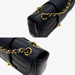 KA748 - CHANEL Vintage Navy Lambskin Horizontal Stripes Flap Bag