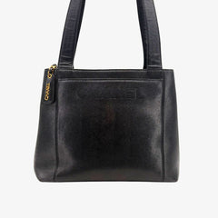 CS066 - CHANEL Vintage Black Caviar Leather Embroidered Logo Tote Bag