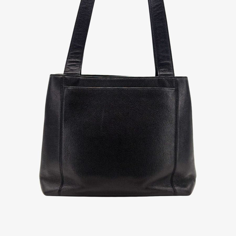 CS066 - CHANEL Vintage Black Caviar Leather Embroidered Logo Tote Bag