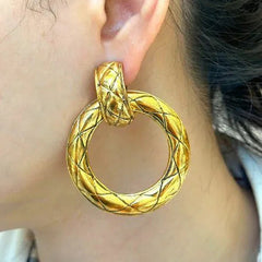 JR881 - CHANEL Vintage Gold Tone Quilted Large Hoop Plated Clip-On Earrings