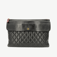 RG370 - CHANEL Vintage Black Lambskin Zip And Flap Clutch Bag