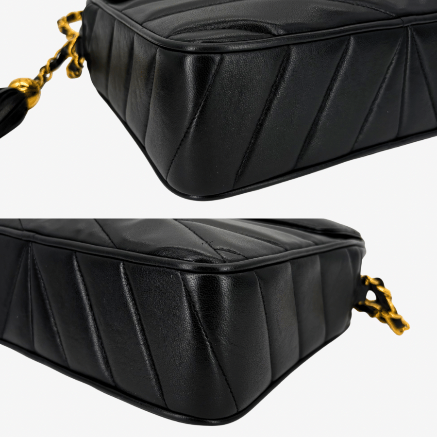 JZ989 - CHANEL Vintage Black Lambskin Cross Stripe Camera Bag