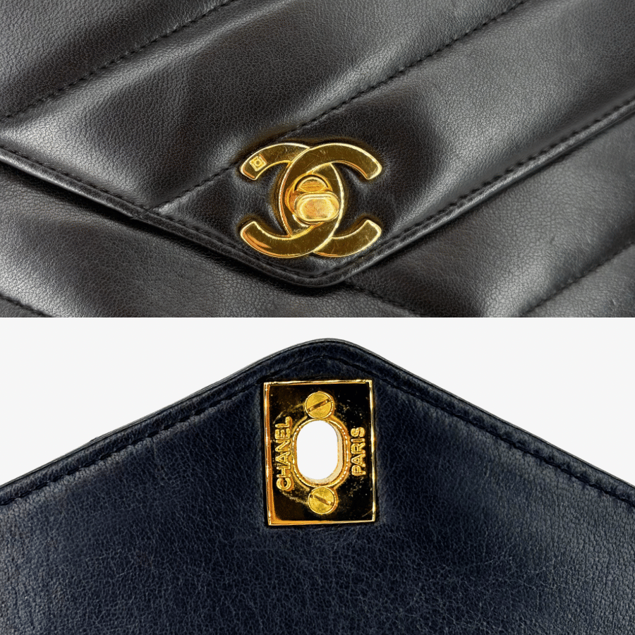 JZ989 - CHANEL Vintage Black Lambskin Cross Stripe Camera Bag