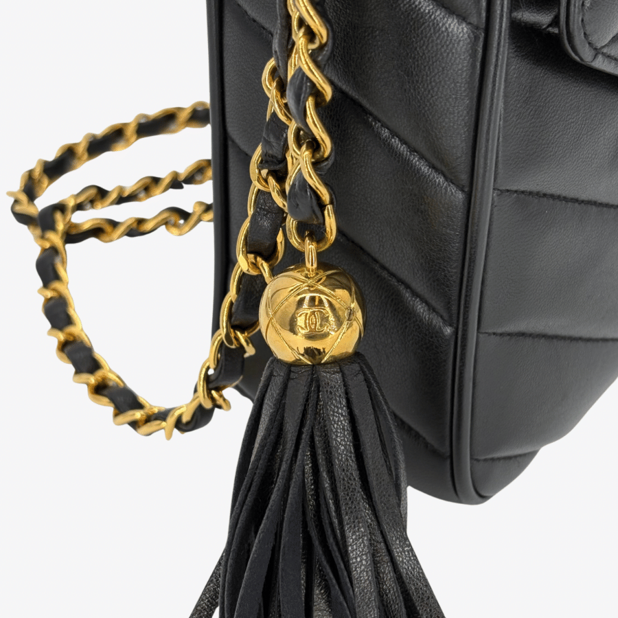 JZ989 - CHANEL Vintage Black Lambskin Cross Stripe Camera Bag