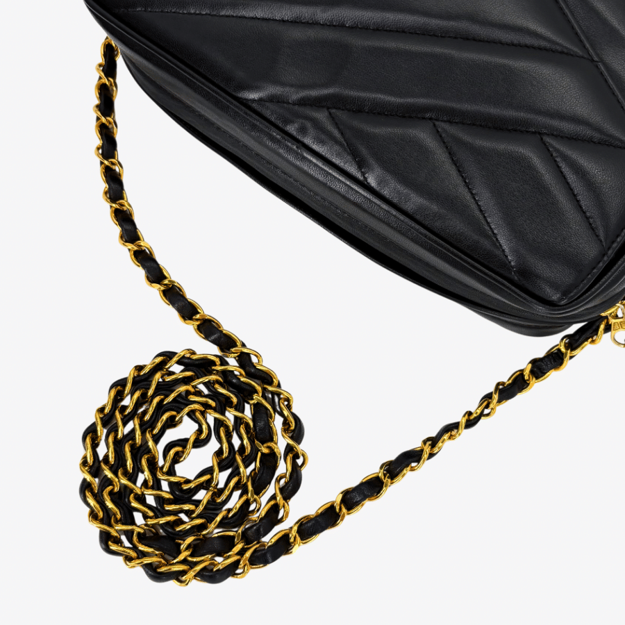 JZ989 - CHANEL Vintage Black Lambskin Cross Stripe Camera Bag