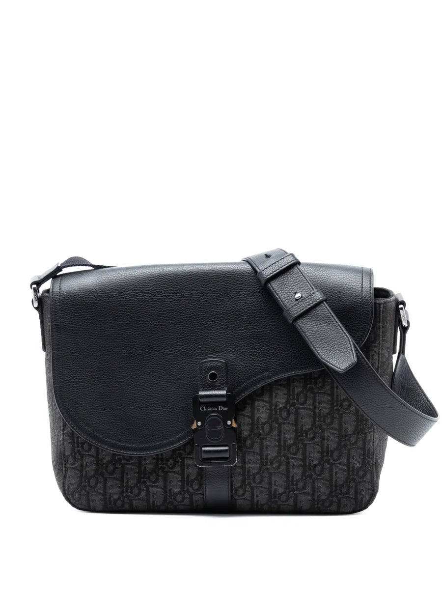 2023 Medium Oblique Canvas and Grained Calfskin Saddle Messenger Bag with Flap crossbody bag