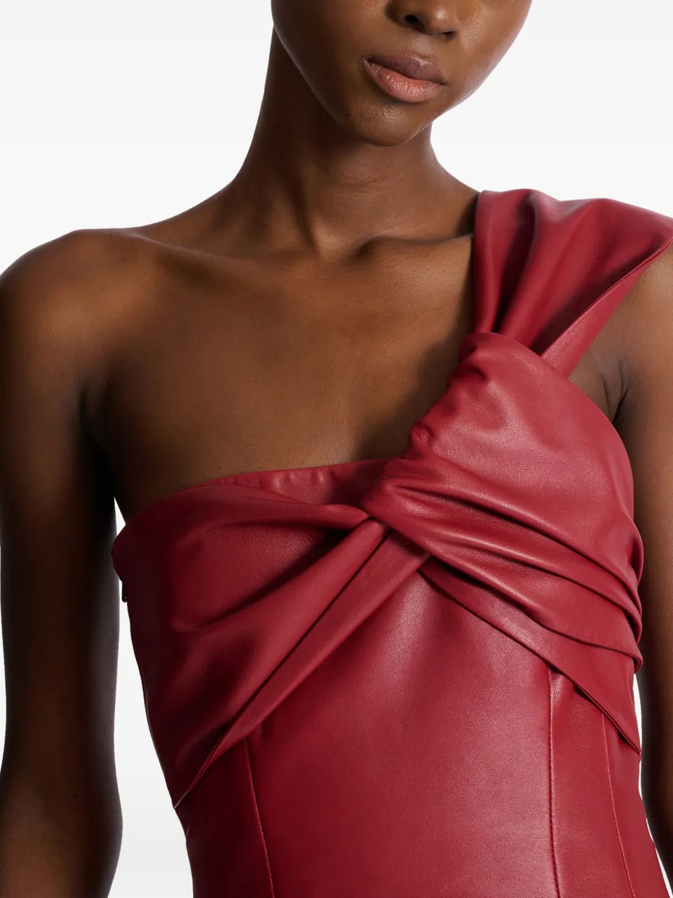 one-shoulder leather mini dress
