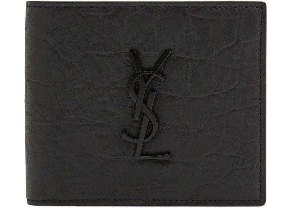 Saint Laurent Monogram Croc-Embossed Leather Bi-Fold Wallet Black