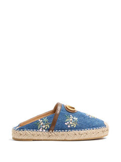 VLogo Signature mules in denim with floral embroidery 25mm