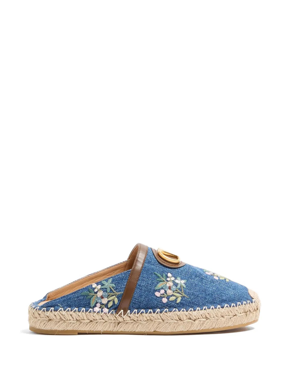VLogo Signature mules in denim with floral embroidery 25mm