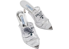 Prada Plexiglas 75Mm Pointy High Heels Silver Leather