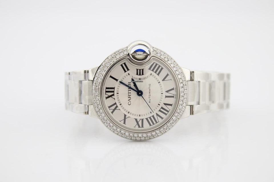 Cartier Ballon Bleu 33mm Stainless Steel Diamond Encrusted Watch WSBB0044
