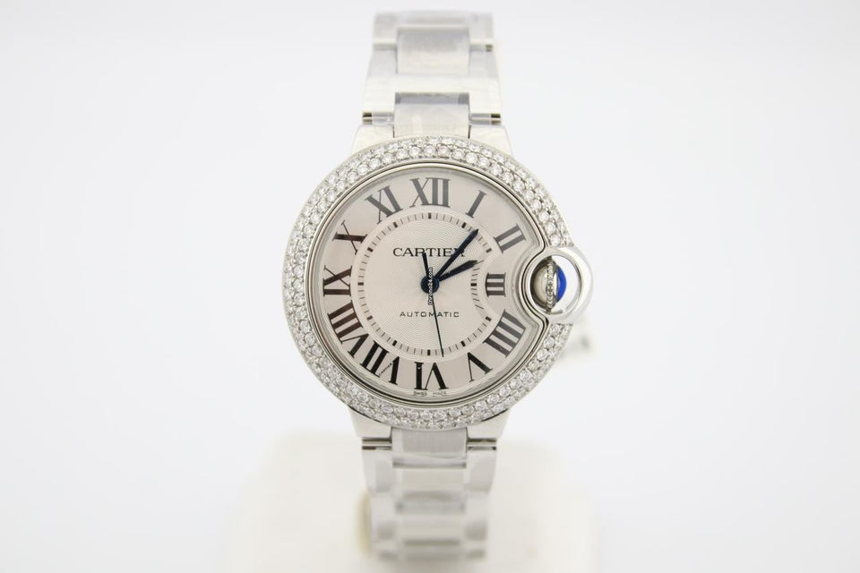 Cartier Ballon Bleu 33mm Stainless Steel Diamond Encrusted Watch WSBB0044