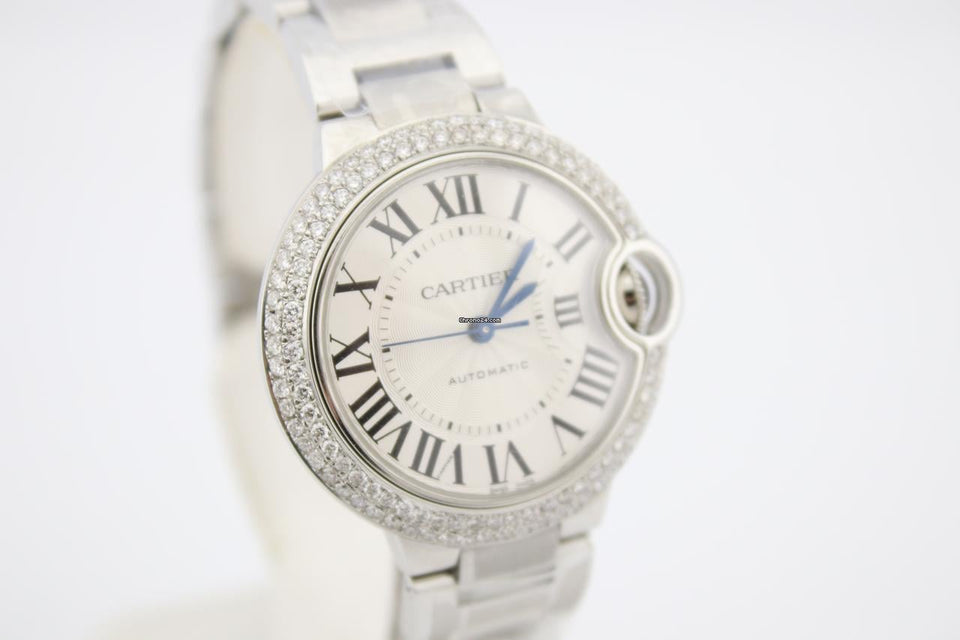Cartier Ballon Bleu 33mm Stainless Steel Diamond Encrusted Watch WSBB0044