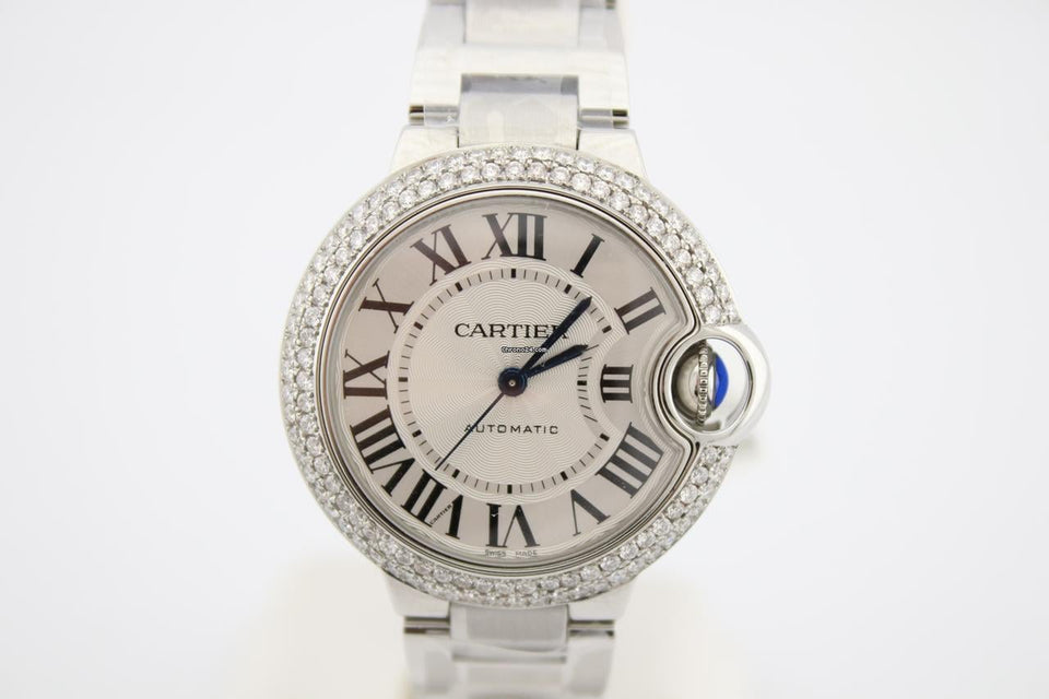 Cartier Ballon Bleu 33mm Stainless Steel Diamond Encrusted Watch WSBB0044