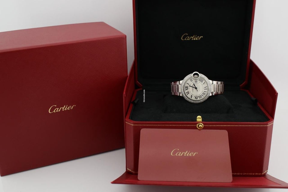 Cartier Ballon Bleu 33mm Stainless Steel Diamond Encrusted Watch WSBB0044