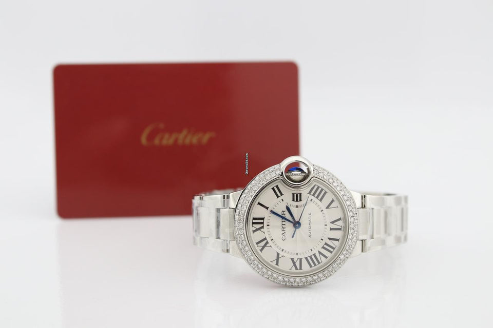 Cartier Ballon Bleu 33mm Stainless Steel Diamond Encrusted Watch WSBB0044
