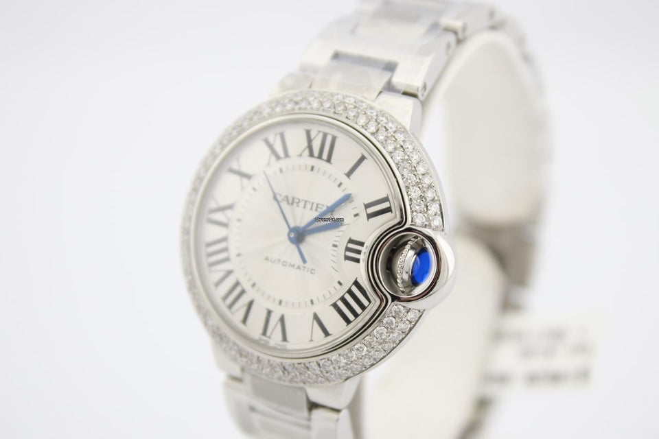 Cartier Ballon Bleu 33mm Stainless Steel Diamond Encrusted Watch WSBB0044