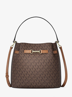 Michael Kors Carson Medium Signature Logo Convertible Bucket Crossbody Bag Brown
