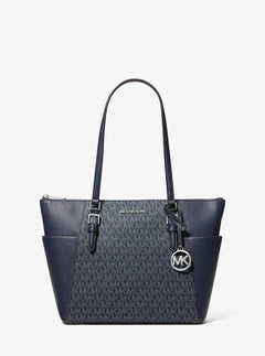 Michael Kors Charlotte Large Logo and Leather Top-Zip Tote Bag Admiral