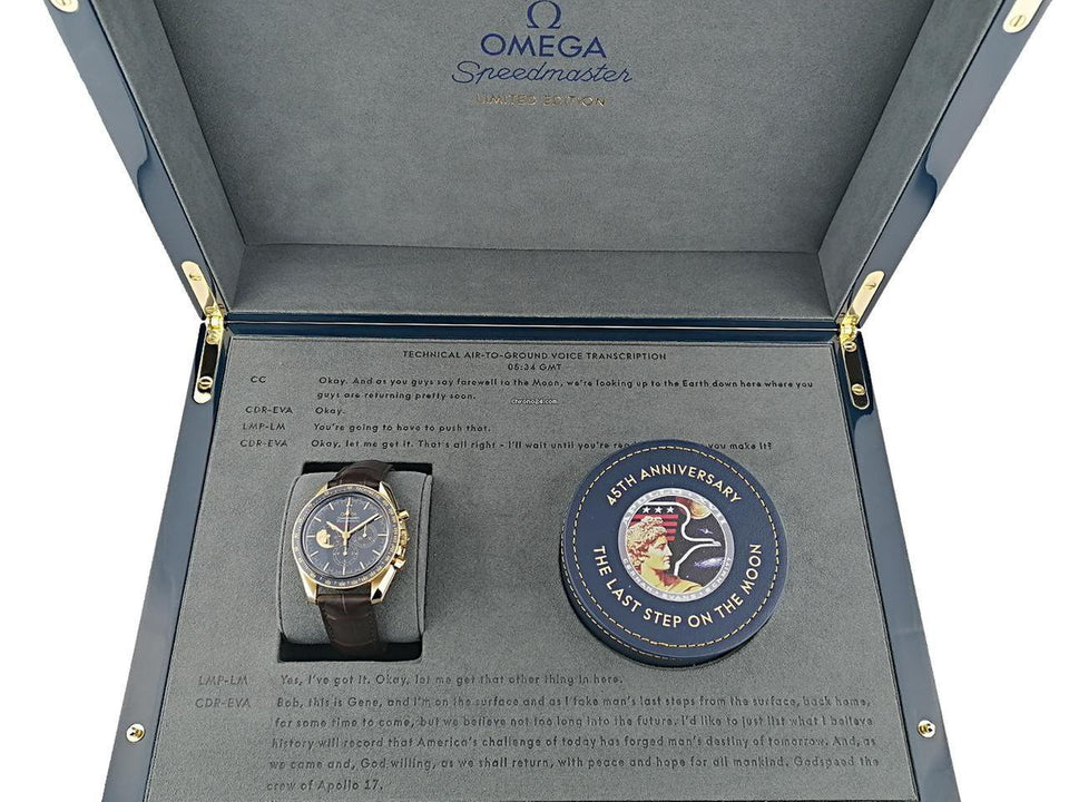 Omega Speedmaster Professional Moonwatch Apollo XVII Limited Edition Handaufzug Gelbgold 42mm Keramik-Zifferblatt braunes Lederband 311.63.42.30.03.001 Full Set mit Garantie Occasion Neu