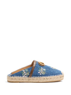 VLogo Signature mules in denim with floral embroidery 25mm