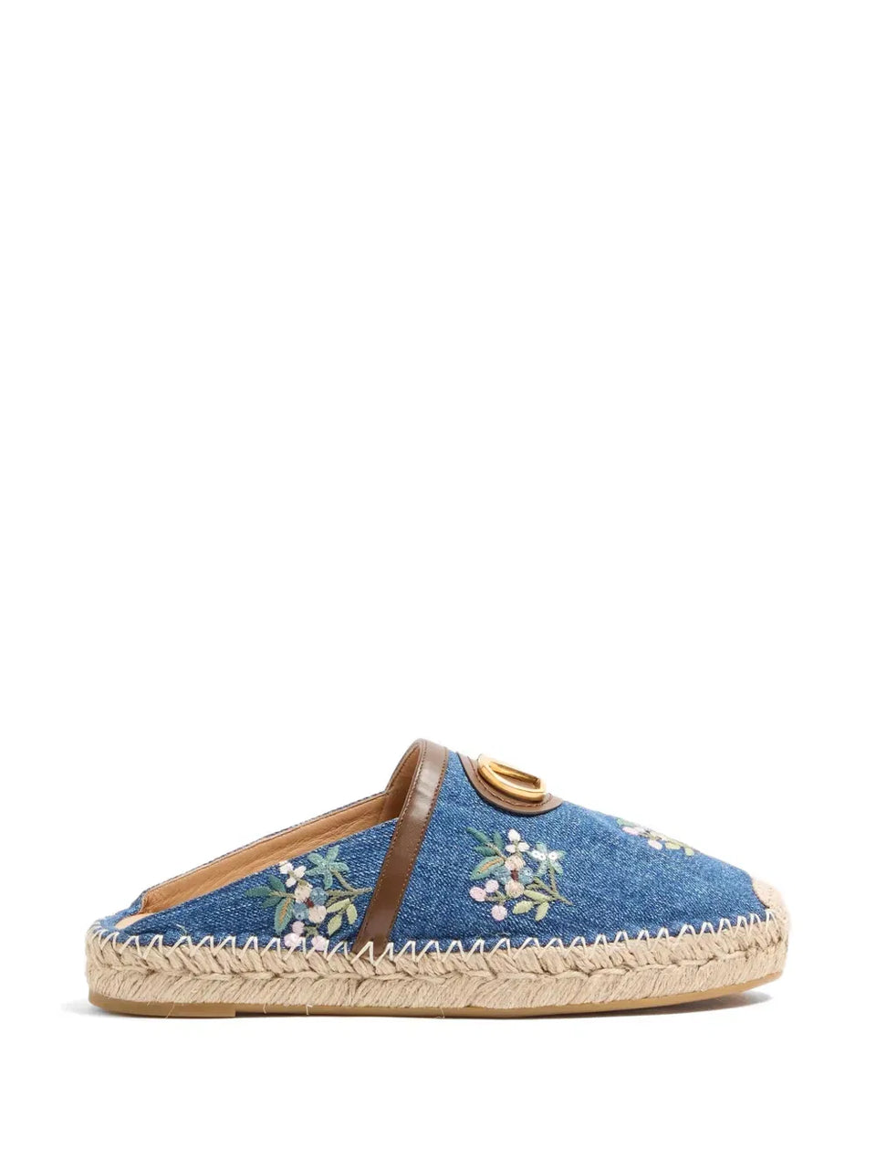 VLogo Signature mules in denim with floral embroidery 25mm