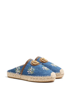 VLogo Signature mules in denim with floral embroidery 25mm