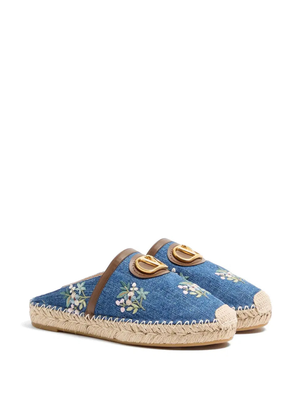VLogo Signature mules in denim with floral embroidery 25mm