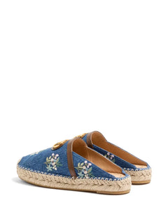 VLogo Signature mules in denim with floral embroidery 25mm