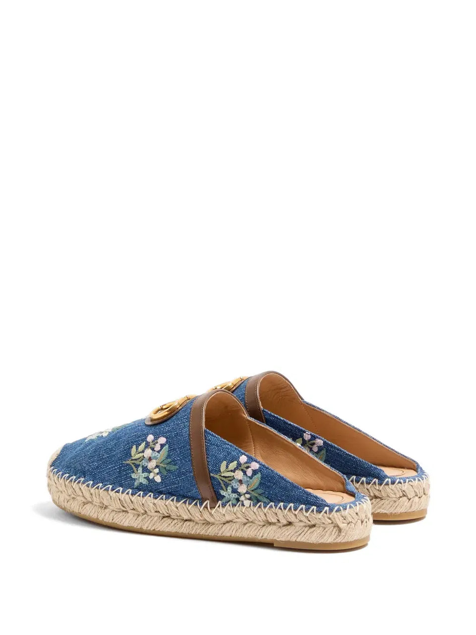 VLogo Signature mules in denim with floral embroidery 25mm