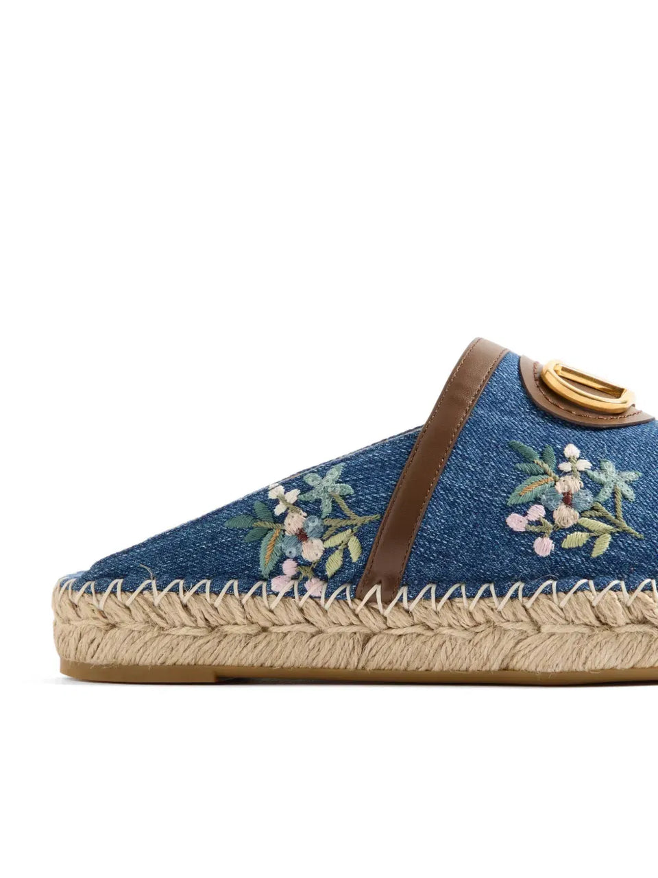 VLogo Signature mules in denim with floral embroidery 25mm