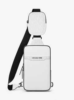 Michael Kors Cooper Medium Pebbled Leather and Signature Logo Sling Pack with Pouch Bright Wht