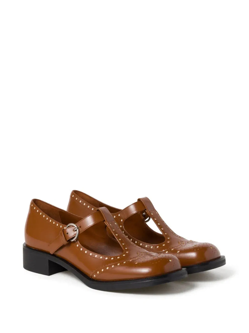 Brushed leather T-strap brogue shoes