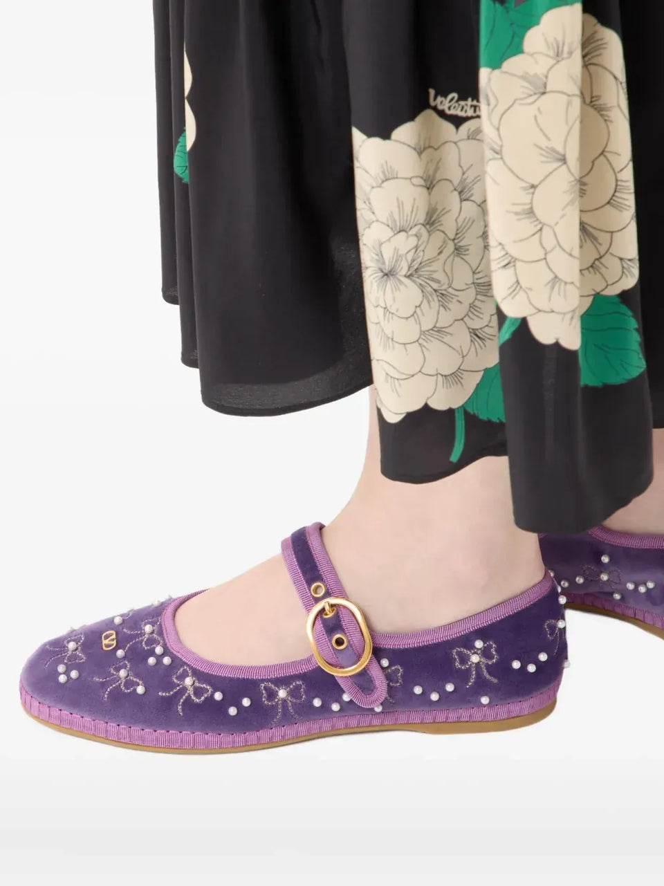 Mary-Jane endouce velvet ballerina with bow embroidery