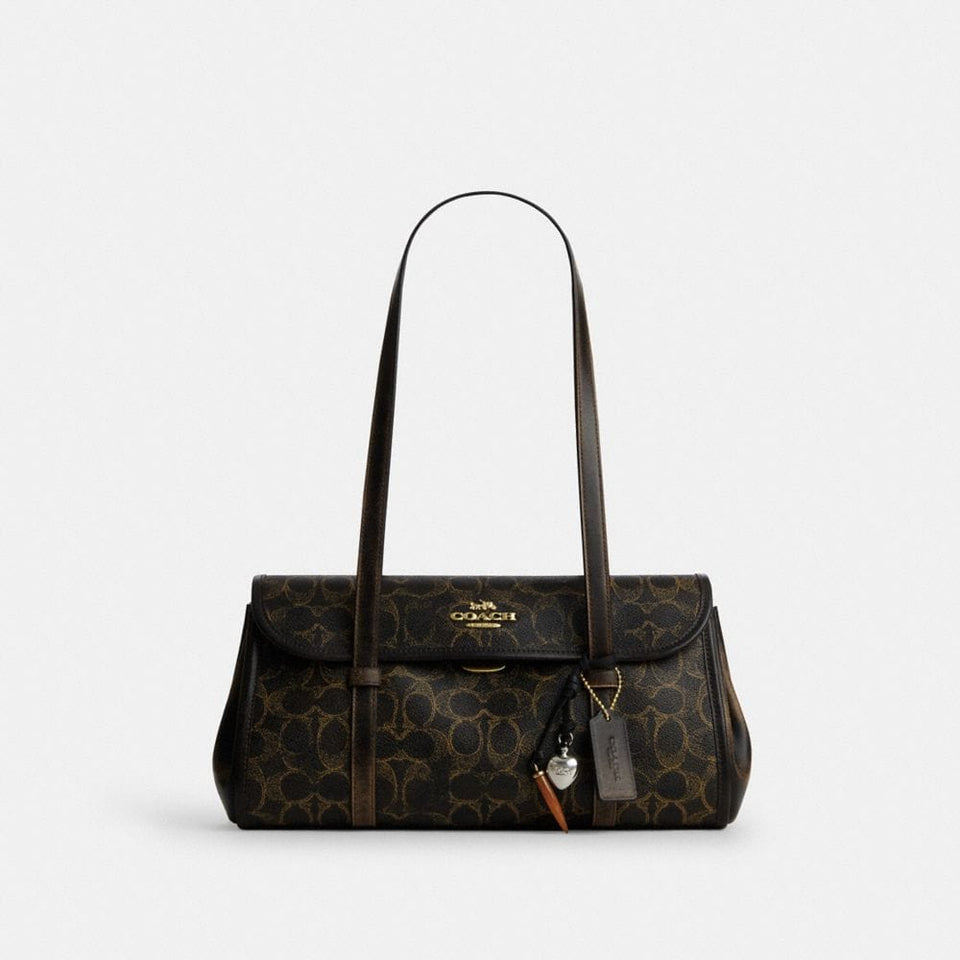 Coach Bridget Flap Shoulder Bag In Loved Signature Canvas With Charms Gold Brown