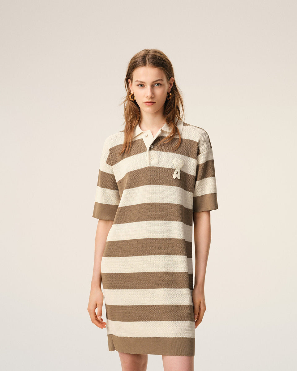 White And Brown Cotton Polo Dress Ami De Coeur Patch Women's