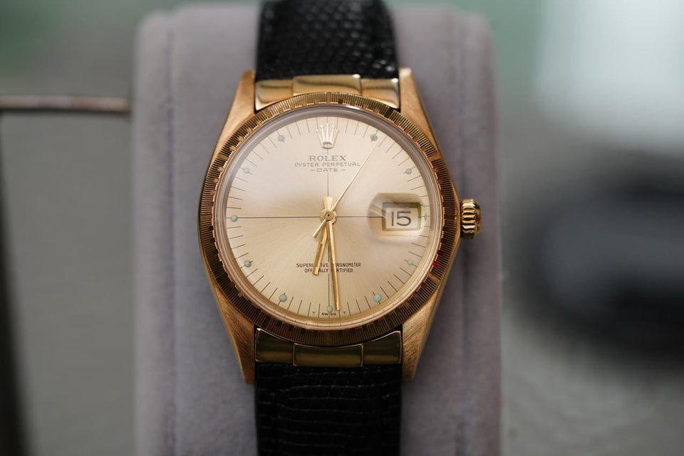 Rolex | Oyster Perpetual | 1512 | Yellow gold | 34 mm | Lizard skin | Champagne | Automatic