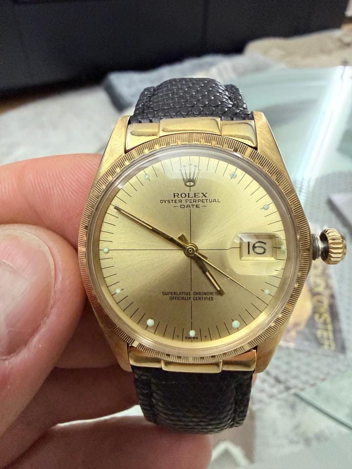 Rolex | Oyster Perpetual | 1512 | Yellow gold | 34 mm | Lizard skin | Champagne | Automatic