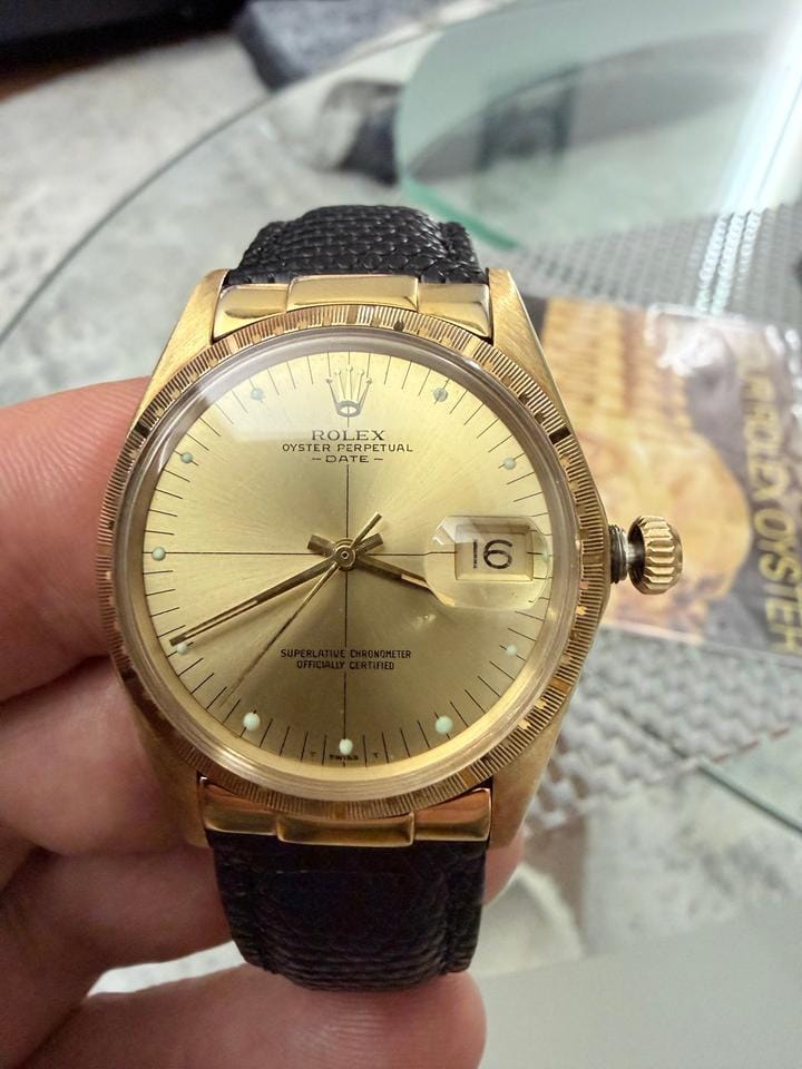Rolex | Oyster Perpetual | 1512 | Yellow gold | 34 mm | Lizard skin | Champagne | Automatic