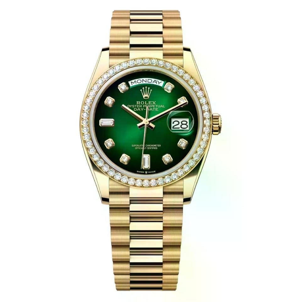 Rolex | Day-Date | 128348RBR-0035 | 36 mm | Yellow gold | Green | Automatic