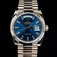 Rolex | Day-Date | 128235 | Rose gold | 36 x 43 mm | Rose gold | Blue | Automatic